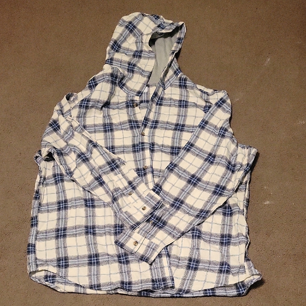 Old Navy White and Navy Plaid Hooded Button-Down Shirt